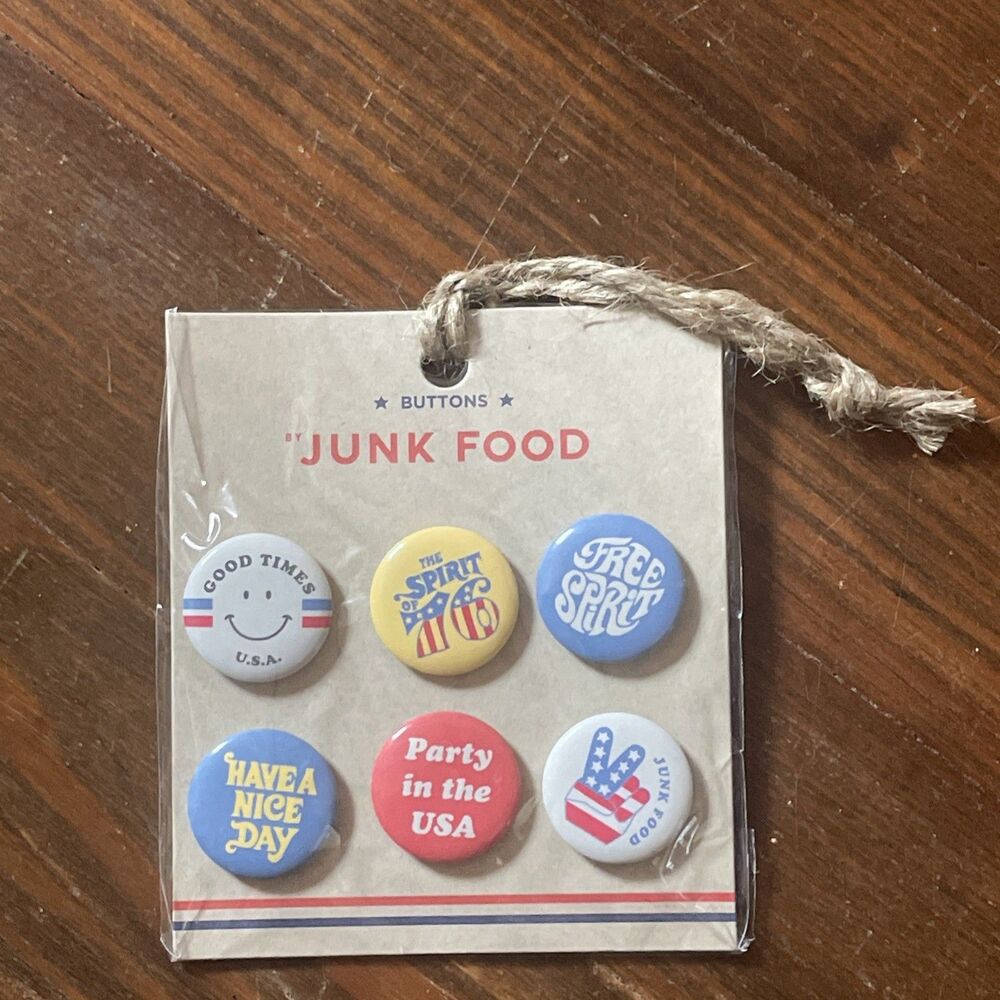 Junk Food Button Set 6pk Party Spirit Good Times Nice Day NWT